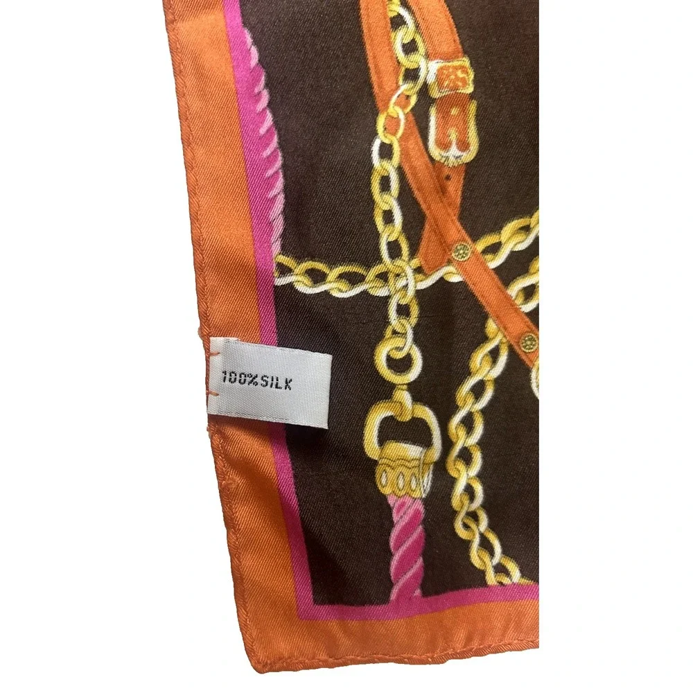 100% Silk Scarf Long Retangular Equestrian Themed Belt Chain Tassel Print
